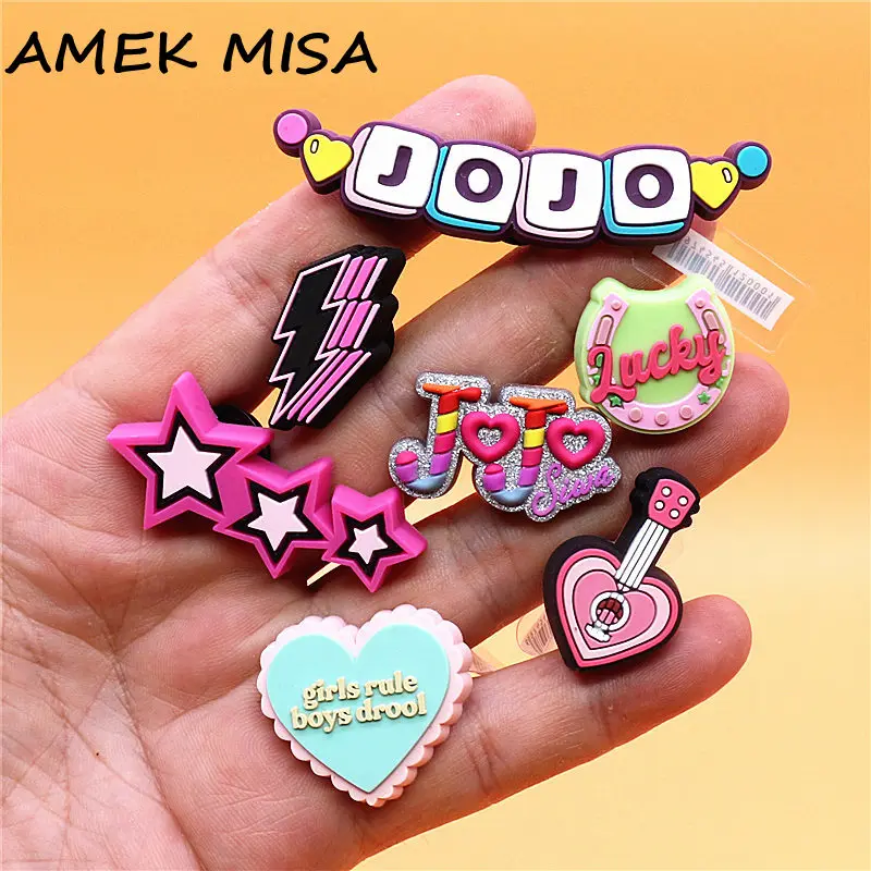 Original 1pcs Japanese Manga JOJO Shoe Charms Pink Guitar Lightning Star Clog Pins Jeans Pins Lucky Horseshoe Sandal Upper Badge