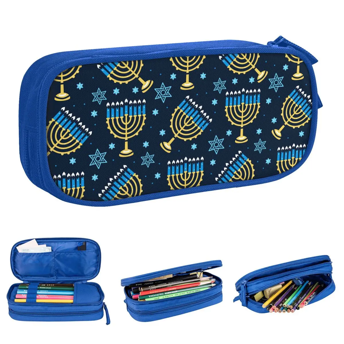 Happy Hanukkah Pattern Menorah Traditional Candles Pencil Case Cute Pen Holder Bag Student Large Storage School Gift Pencilcases