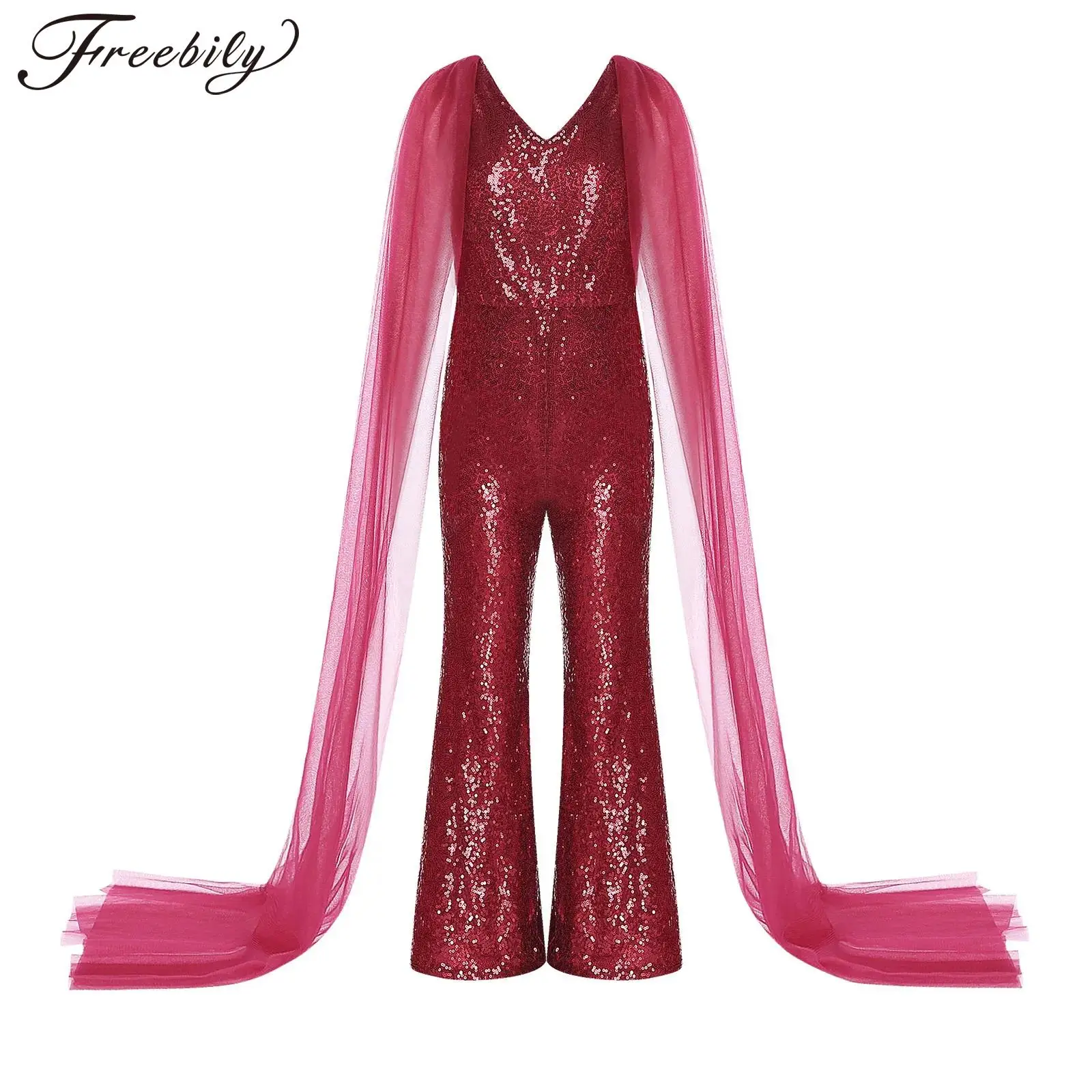 Kids Girls Shiny Sequined Jumpsuit Pants Full Body Romper Bodysuit High Waist Wide Leg Pants Wedding Evening Party Ball Gown