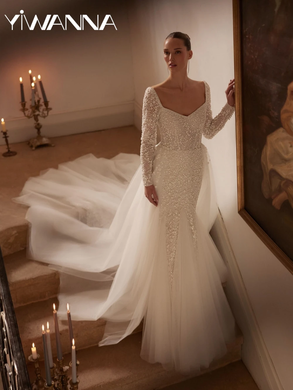 

Detachable Train Glitter Pearls Mermaid Wedding Dress V-neck Long Sleeve Bridal Gown 2026 Customized Dreamy Dresses For Bride