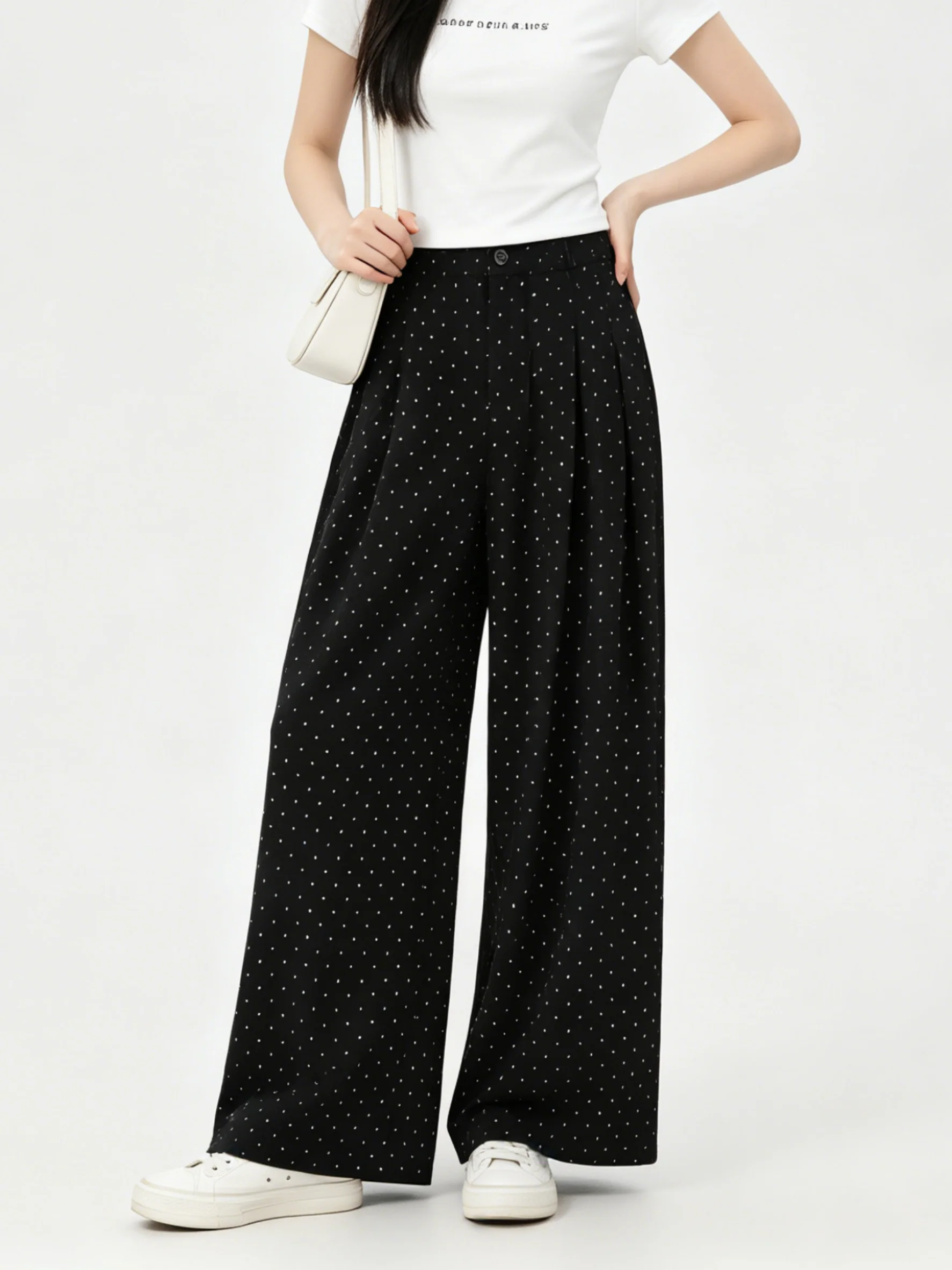 Korean Style Casual Pants Polka Dot Drape Elastic Waist Loose Fit Summer Lazy Slimming Long Pants Comfortable Breathable
