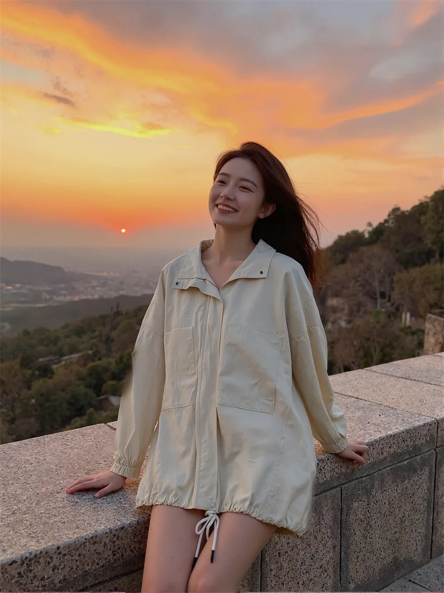 Giubbotti con colletto basic rovesciato Giacca doppia faccia da mezza stagione per donna Primavera stile fidanzato con risvolto da motociclista da donna Airy