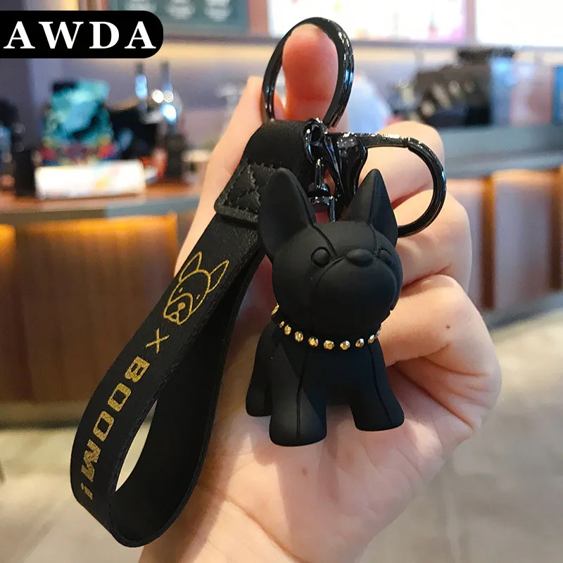 

Cute Cartoon Dog Keychains Women Men Fashion French Punk Bulldog Key Chain Leather Lanyard Bag Charm Pendant Car Keyring