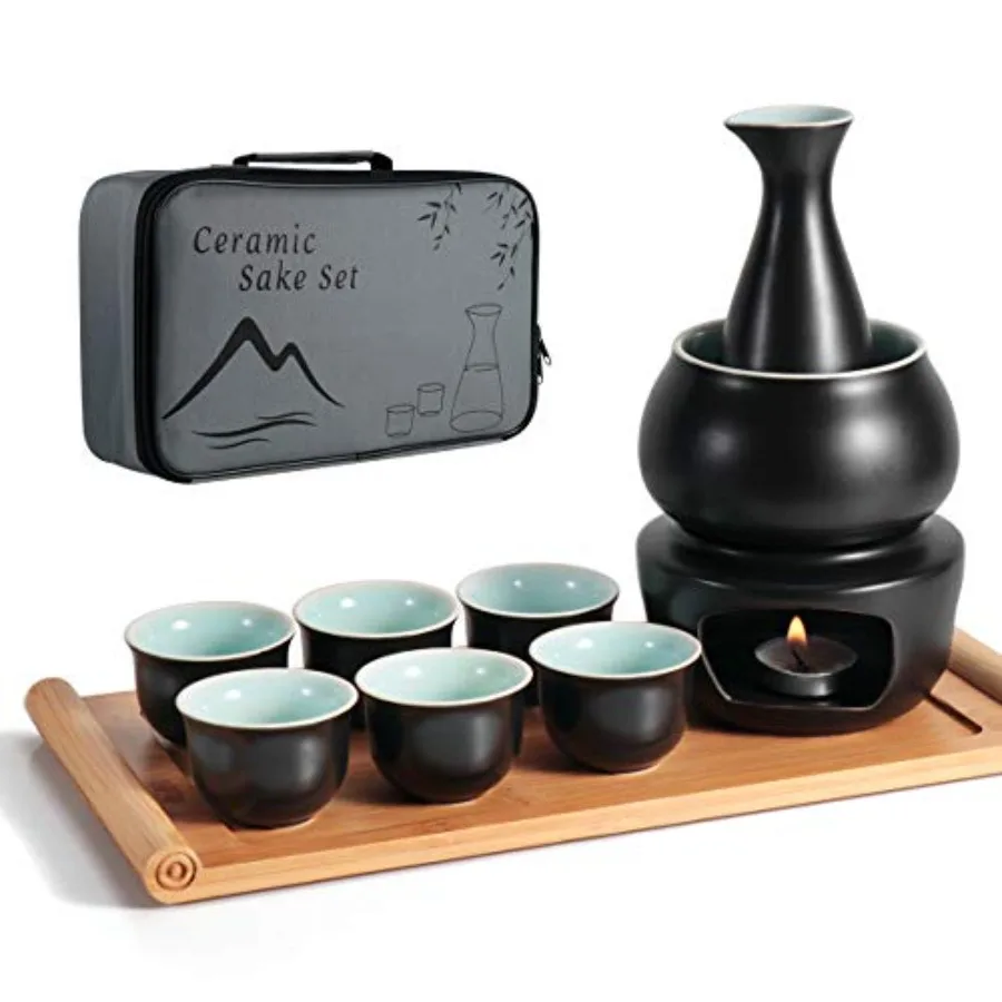 

Ceramic Sake Set with Warmer Pot Tray, Stovetop Porcelain Pottery Hot Saki Drink Bottle, 10pcs Set 1 Stove 1 Warming Bowl 1 Sak