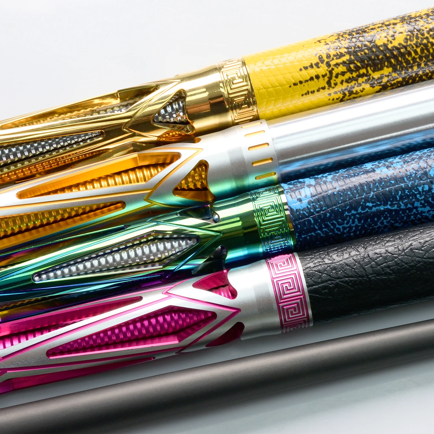 Durable aluminum alloy billiard cue butt, adjustable weight, replacement rear handle for snooker and pool cues.