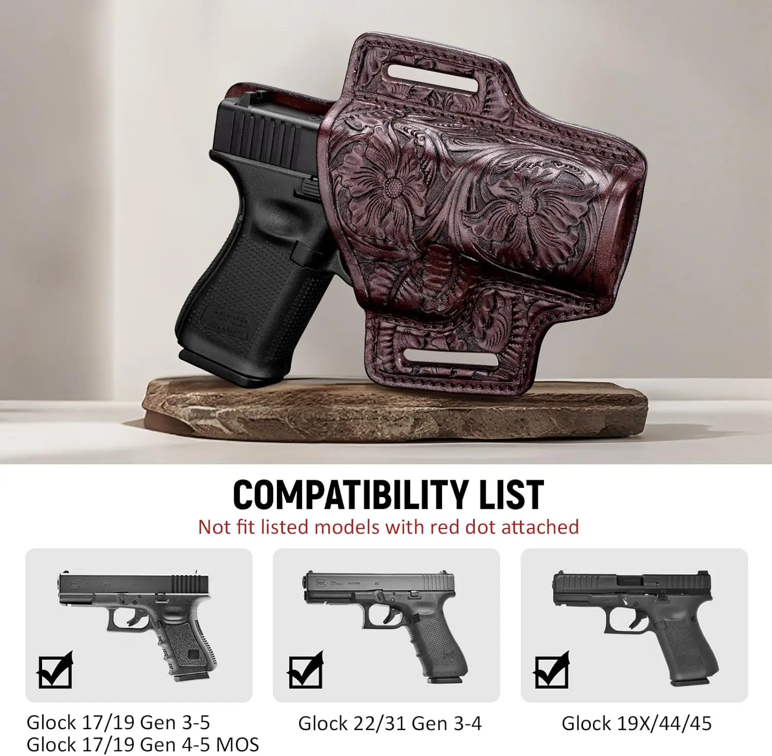 Premium Leather Holster,OWB Western Hand-Carved,For Glock 17/19 Gen3-5,17/19 Gen4-5 MOS,22/31(Gen3-4),19X/44/45,Right Hand