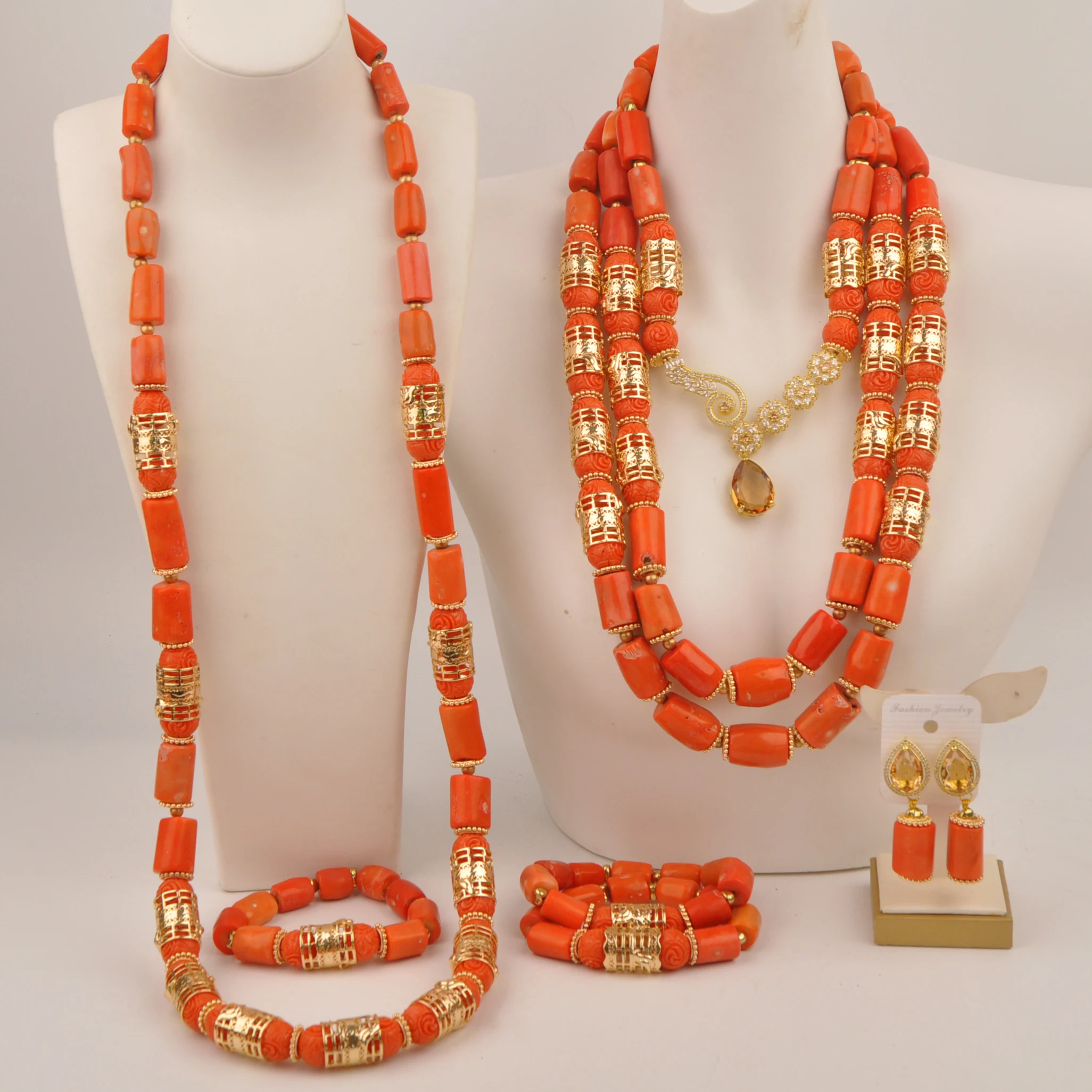 

Orange coral beads jewelry set for couple