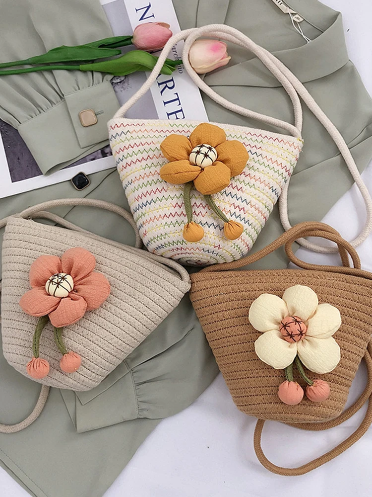 Cute Braided Flowers Bucket Bag Woman Designer Color Contrast Casual Women'S Shoulder Bags Luxury Brands Messenger Bags Female