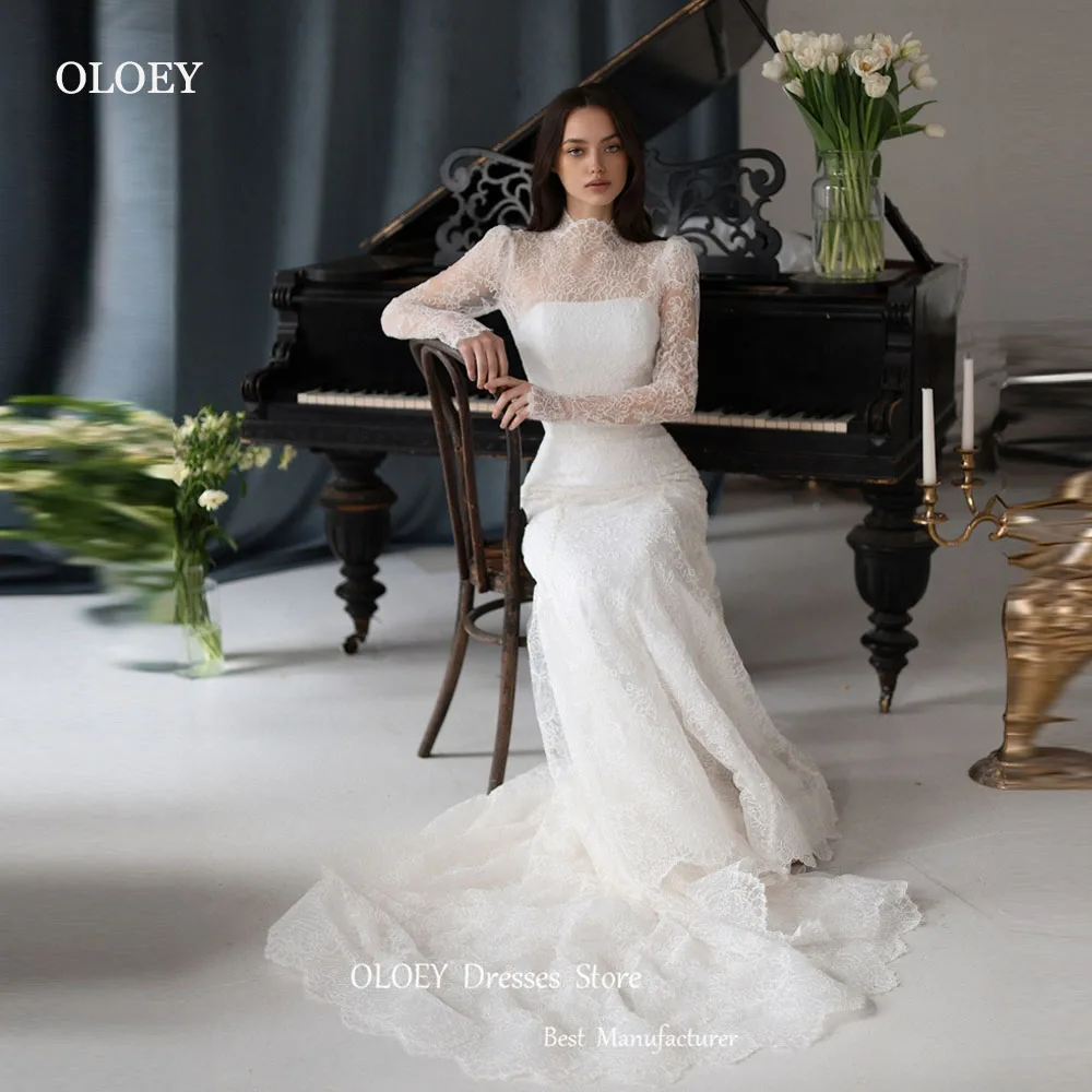 

OLOEY Modest Mermaiad Full Lace Wedding Dresses Long Sleeves High Neck Sweep Train Bridal Gowns Robe de mariage Arabic Dubai