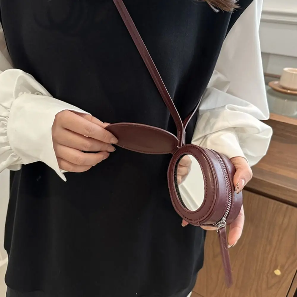 Ins PU Leather Hanging Neck Coin Purse Oval with Makeup Mirror Earphone Bag Cute Round Lanyard Wallet Girls/Female