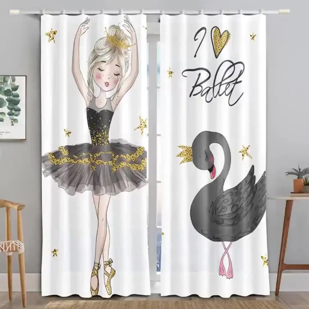 2panels Beautiful Female Animation Of Swan Dance With Hook Rope Installation Digital Printing Curtain For Living Room Bedroom