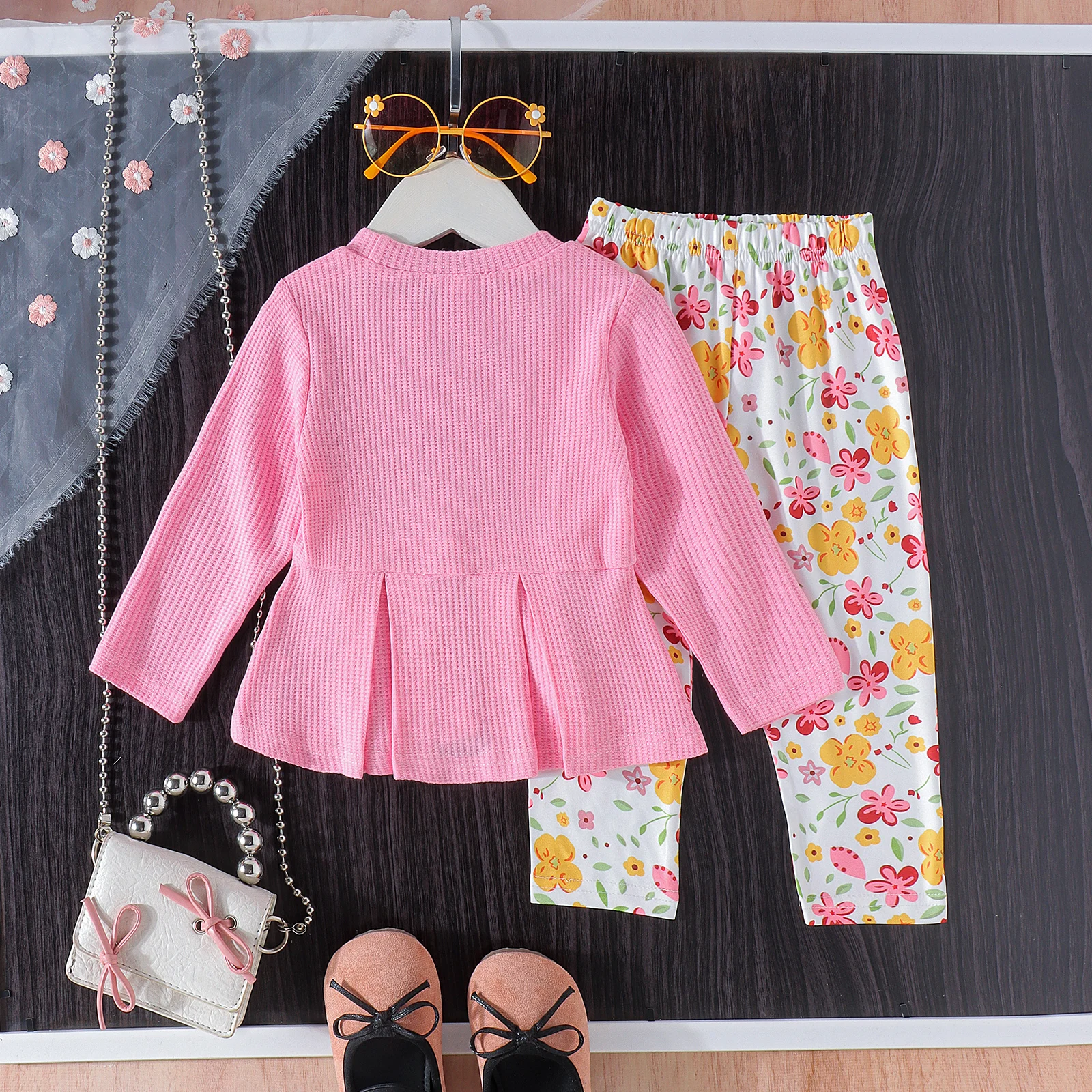 2PCS Autumn New Trend Trend For 0-3 Year Old Girls And Baby Girls, Round Collar Pink Top + Printed Pantsuit