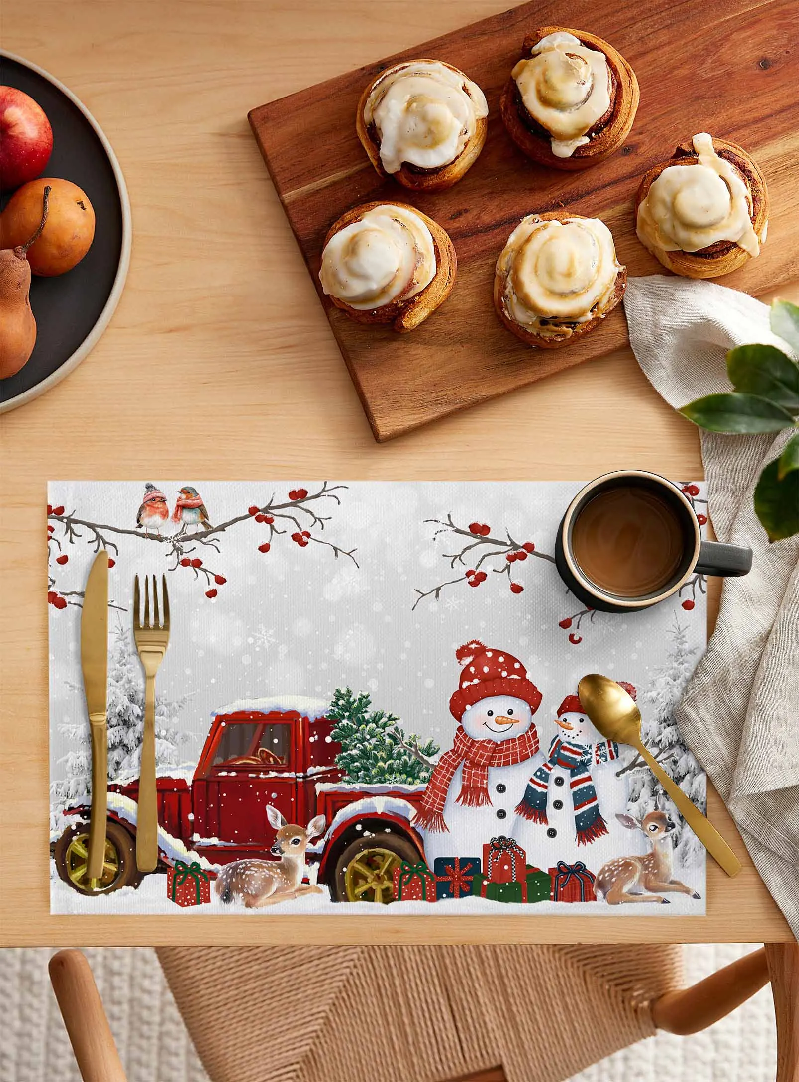 4PCS Berry Robin Snowman Deer Christmas Truck Placemats Linen Dining Table Mats Coaster Bowl Cup Mat Kitchen Home Decoration