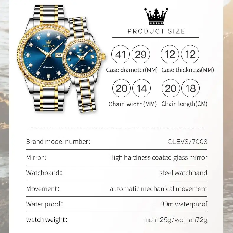 OLEVS 7003 زوجين ساعة العلامة التجارية الفاخرة التلقائي ساعة ميكانيكية مقاوم للماء الرجال النساء ساعة ماسية ساعة هدية لمحبيها