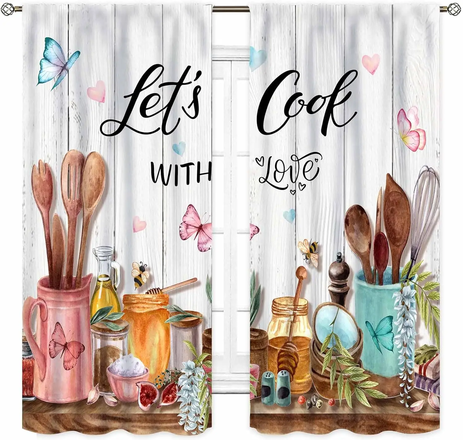 Farmhouse Kitchen Curtians, Rustic Country Fork and Spoon Cook Theme Rustic Vintage Cottage Blackout Cafe Living Room Bedroom