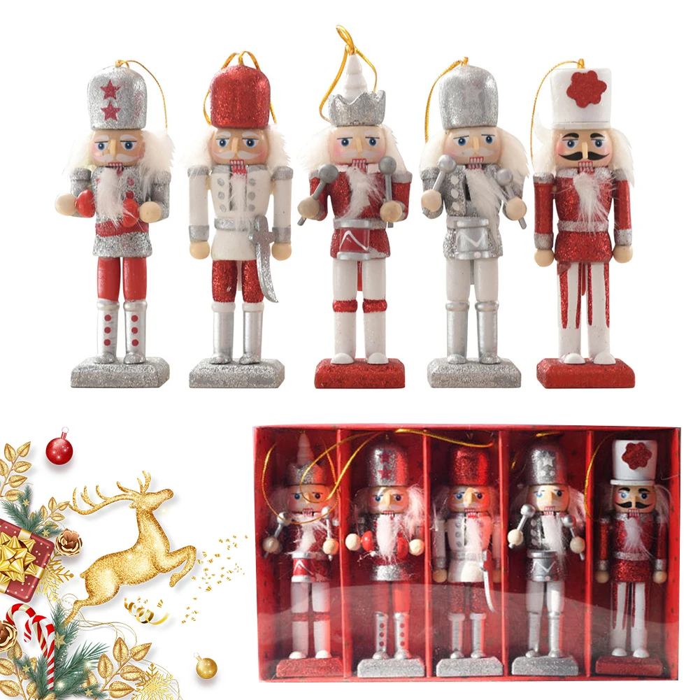 5 pcs Wooden Christmas Nutcracker Figures Ornaments Christmas Nutcracker Ornaments for Table Desktop Fireplace Christmas Tree