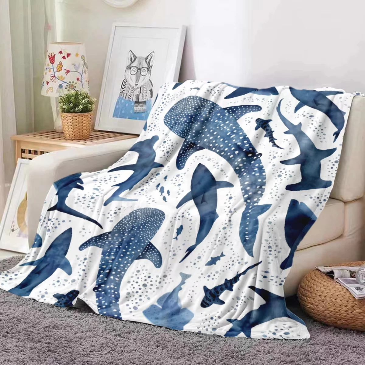 Shark Pattern  Flannel Blanket Cartoon Soft Comfortable For Sofa Bed Camping For Family Friend Holiday Travel  Gift