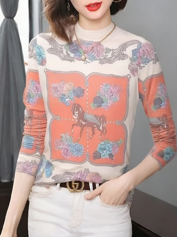 

Elegant Floral Print Fleece Lined Thick Long Sleeve T Shirt for Women mid Age Mommy Style Half High Collar Belly Covering War...