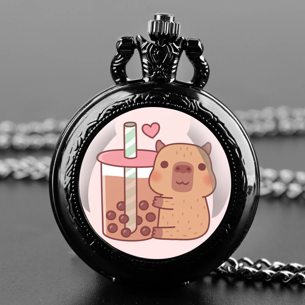 Cute Cartoon Capybara Design Glass Dome Pocket Watch with Chain Necklace Vintage Quartz Pendant Watches Clock Chain Mens Kids