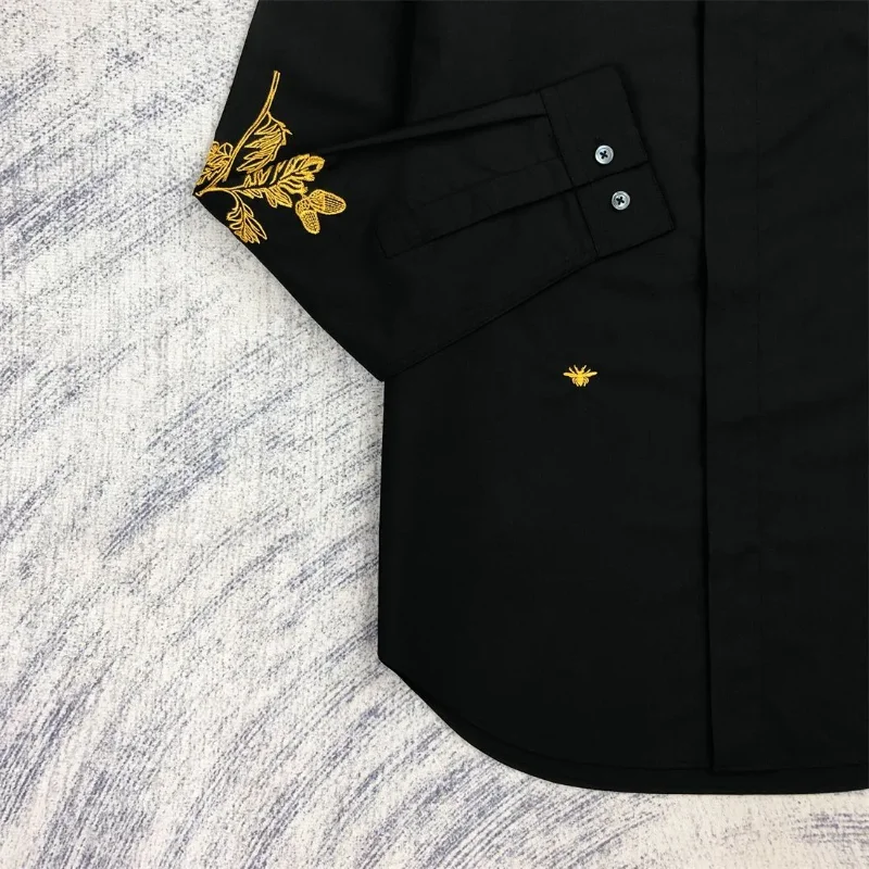 Autumn New Embroidered Handsome Trendy Men's Shirt Casual Loose Men's Long Sleeve Fashion Black Shirt All-match Top