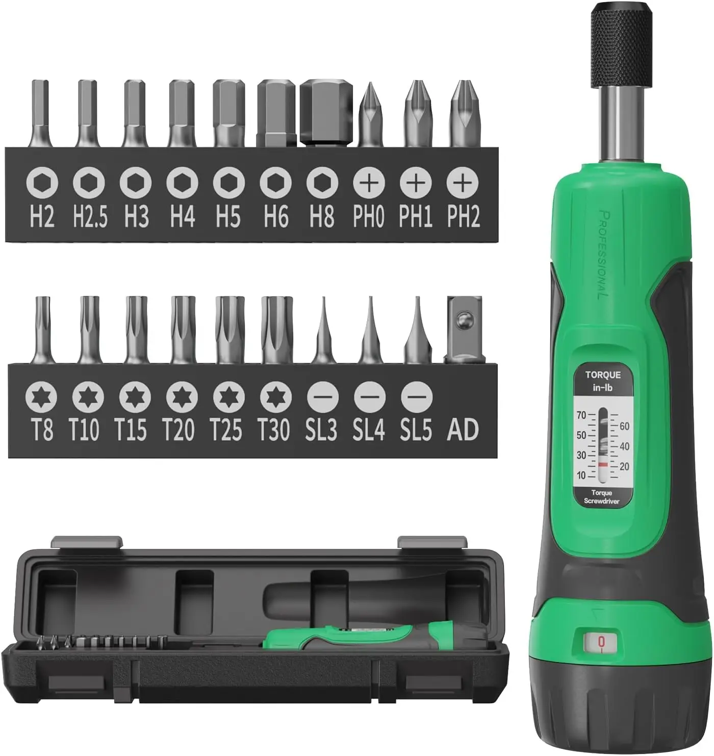 

1/4' Drive Torque Screwdriver 10-70 in-lb, 20-Piece Bit Set for Bike & Tool Maintenance