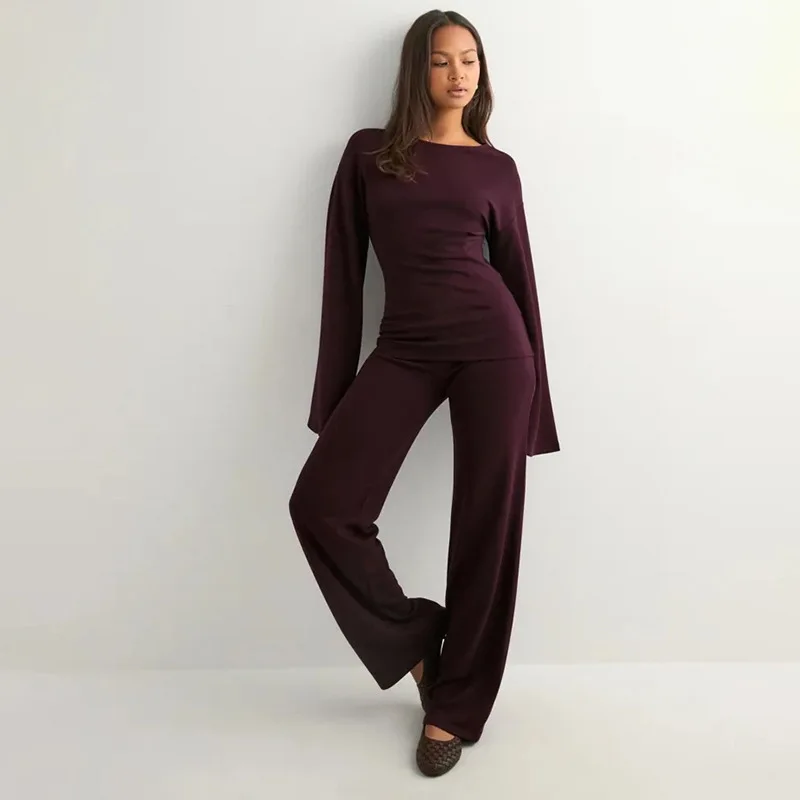 Conjunto ultraconfortável, gola redonda, manga microflares, conjunto de calças retas de cintura alta, elegante, duas peças, roupa de dormir