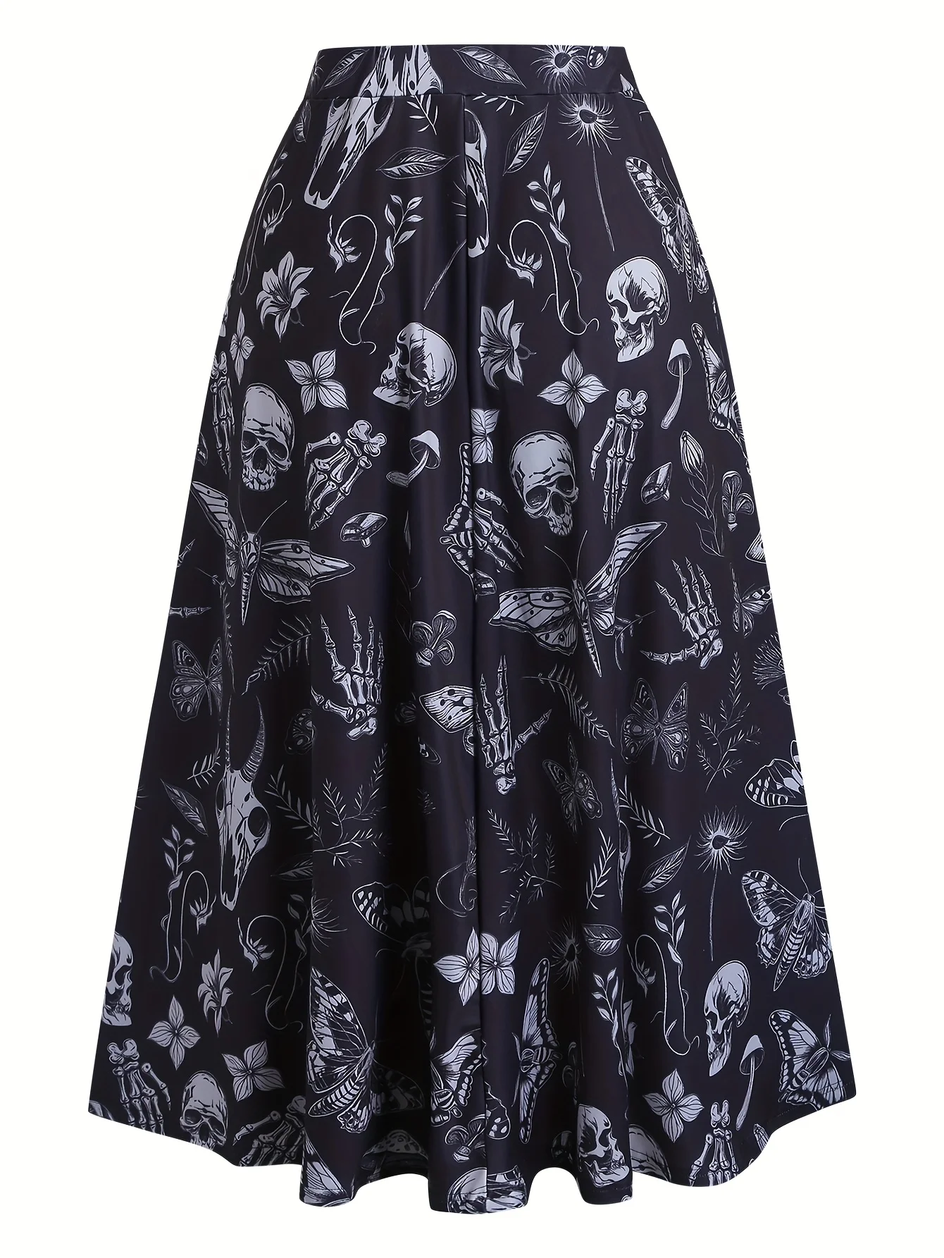 Gothic Dark Horror Halloween Krähenschädel-Motten-Pflanzen-Print Schwarzer bedruckter Damenrock