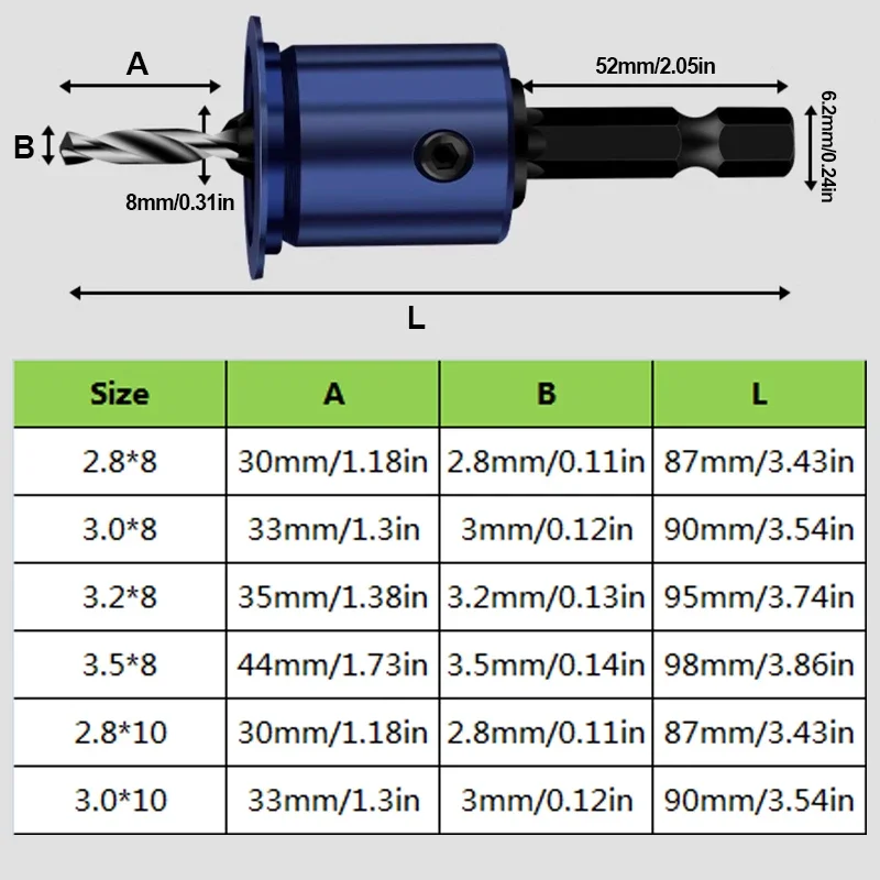 Broca avellanadora de vástago hexagonal para carpintería, abridor de tope de profundidad 2 en 1 con Control de tornillo ajustable para una