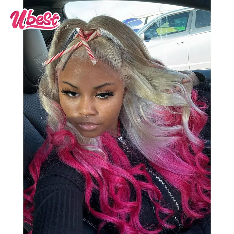 Ombre 613 Pink Colored 13X6 Body Wave Transparent Lace Front Wigs 100% Human Hair 180% Density Brazilian Hair Remy Hair Wigs