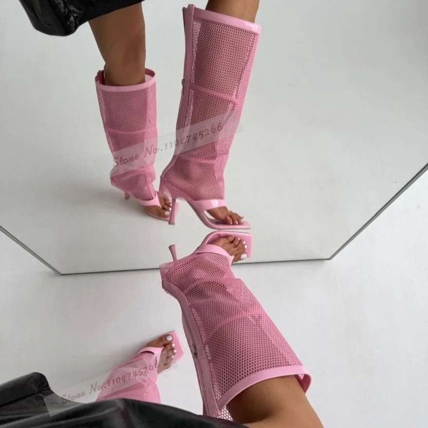 Pink Blue Mesh Clip Toe Knee High Summer Boots Stiletto Heels Square Toe Net Caged Long Sandals Elegant Cool Boots Dress Shoes