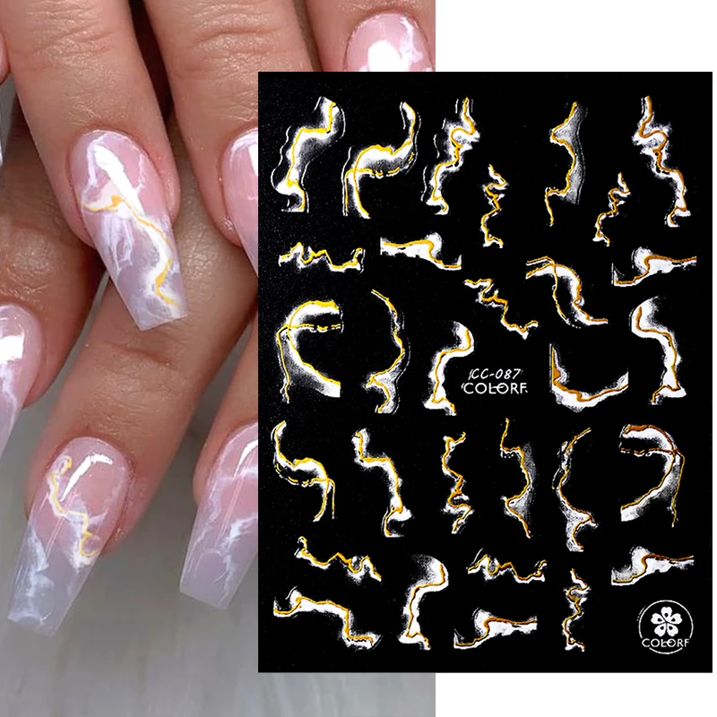 Black Gold Blooming Smoke Stickers Press on Nails Marble Design Coloring Manicure Decals Golden Wave Drawing Nail Water Slider