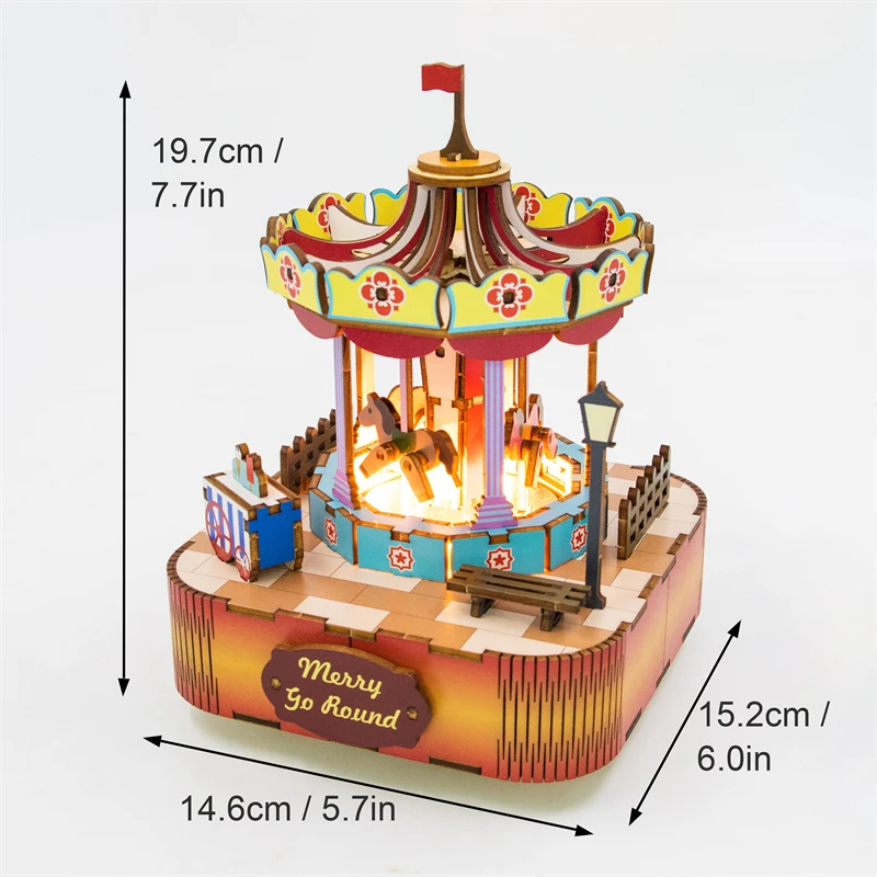 DIY 3D ไม้ Merry-Go-Round Music Box Miniature ชุดจิ๊กซอว์ปริศนาสามารถย้ายสําหรับเด็กคริสต์มาสของขวัญตกแต่งบ้าน