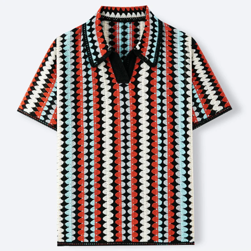 Fashionable Contrast Color Striped Knitted Polos Men Casual Hollow Out Short Sleeve Slim Polo Shirt Mens Summer Vintage Jumper