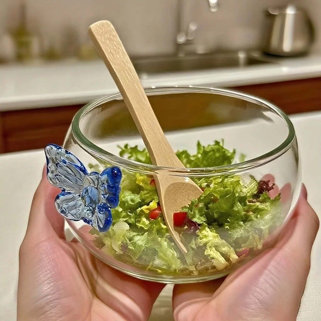 1Pcs-Glass Salad Bowl, Kitchen Glass Container, Glass Food Container, Kitchen Meal Container, Transparent Borosilicate Glass Fruit Bowl and Sandwich Bowl, Capacity 500ml with Bamboo Spoon, Suitable for Microwave and Dishwasher view 4