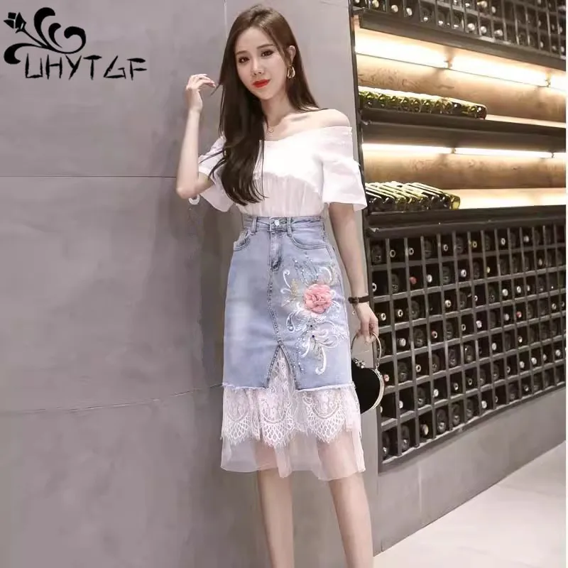 

Oversize Denim Skirt For Women High Waist Flower Beading Appliques Embroidery Mesh Stitching Jeans Skirts Streetwear 2628