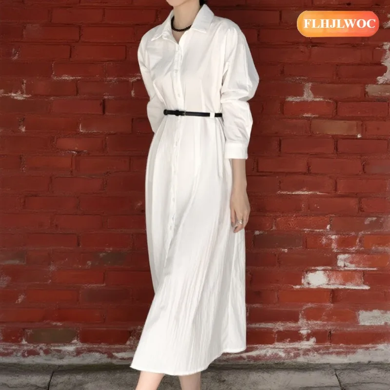 Vestidos con cinturón nuevo elegante Corea Vestidos femeninos mujer manga larga Oficina señora sólido Oficina elegante largo básico vestido camisero blanco