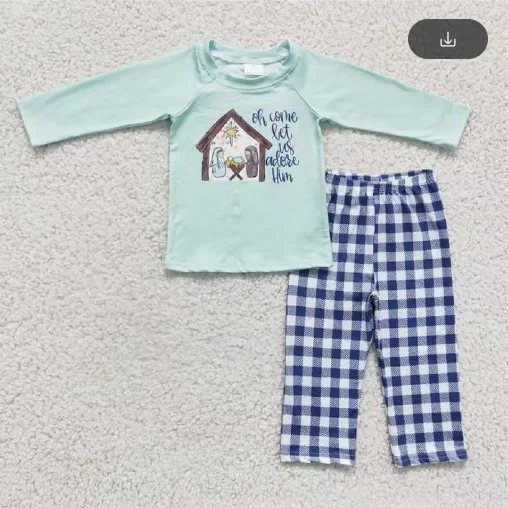 فستان الزي بالجملة بوتيك أزياء عيد الميلاد المهد طفل بنين بنات أخضر فاتح بأكمام طويلة بلوزات وبنطلون منقوش #2