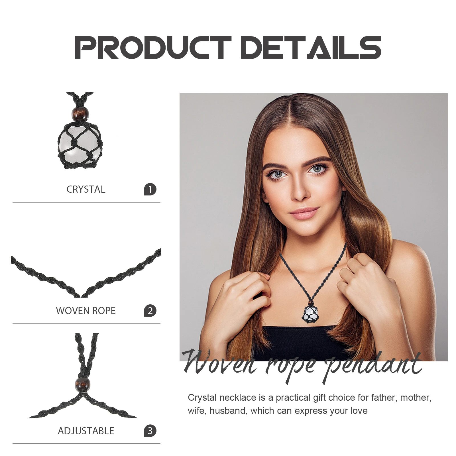 

Crystal Necklace Adjustable Woven Rope Pendant Rough Crystals Long Necklaces for Women Men Fashion Jewelry Sweater