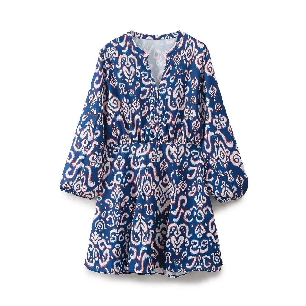 Tangada 2024 Women Flower Print Dress Lantern Long Sleeve Female Mini Dress 6H0238