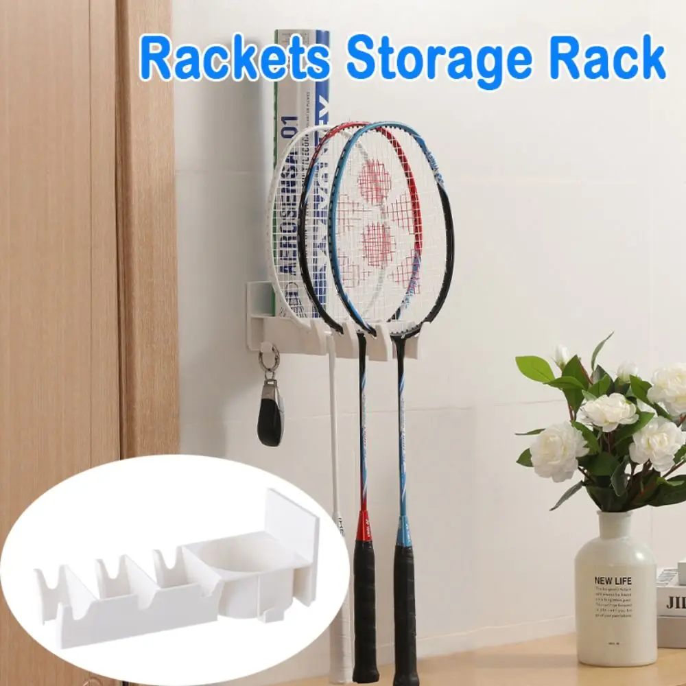 New Wall Mounted Badminton Racket Holder 3-Slots with Ball Storage Tennis Racket Hanger Punch Free Storage Rack Badminton