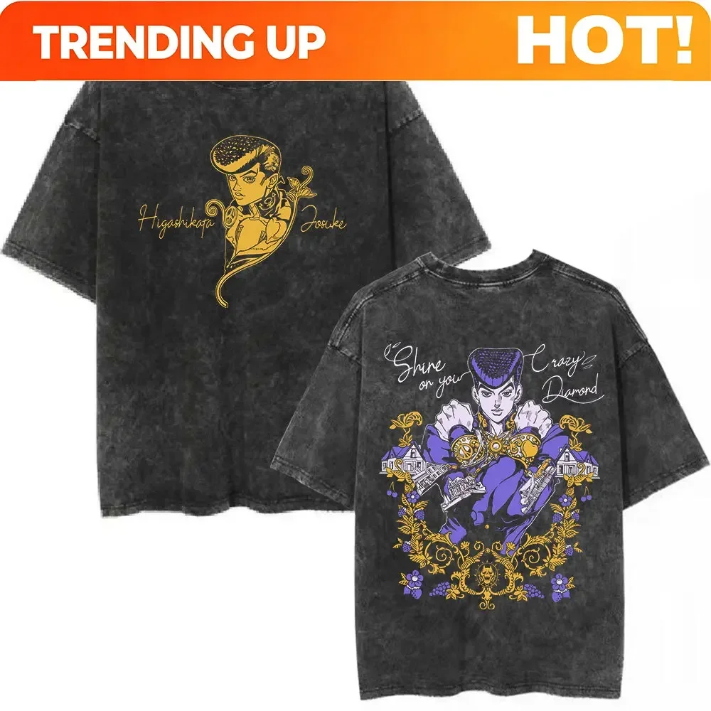 Customization Shirt Anime JoJo Bizarre Adventure Vintage Washed T-shirt Stone Ocean Kujo Jolyne Manga T-shirts Men's Cotton Casu
