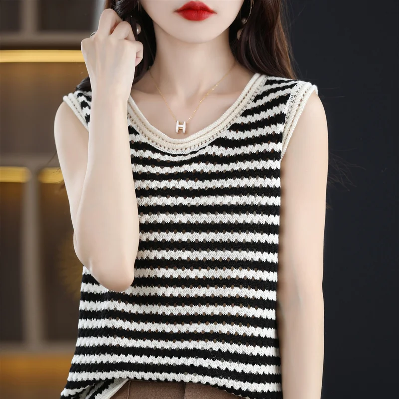 

Women's T-shirt Summer 100% Cotton Sweater Sleeveless Striped Round Neck Ladies Tops Loose Blouse Fashion Pullover Tees