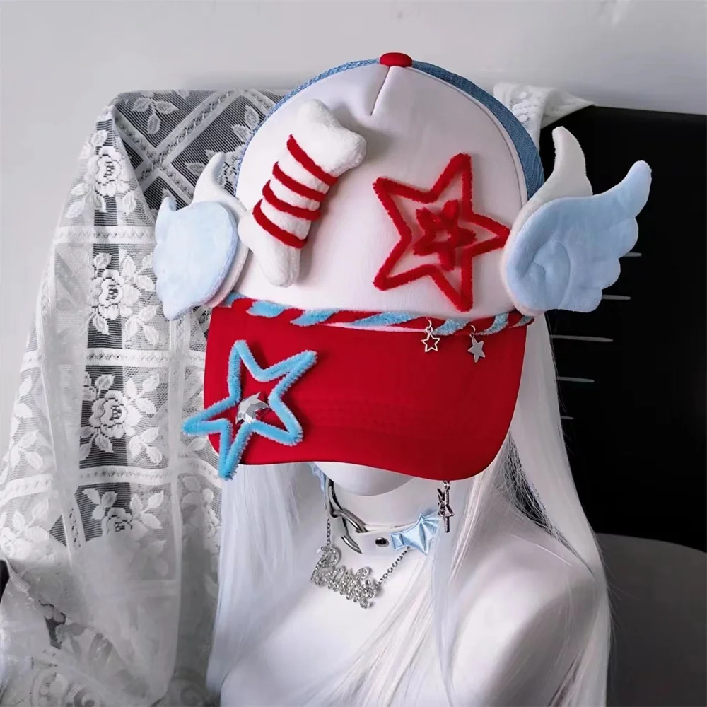 Y2K Harajuku Style Angel Wing Baseball Punk Bone Lolita Japaness Kawaii Hat Color Block Gothic Woman Cap Chic Streetwear