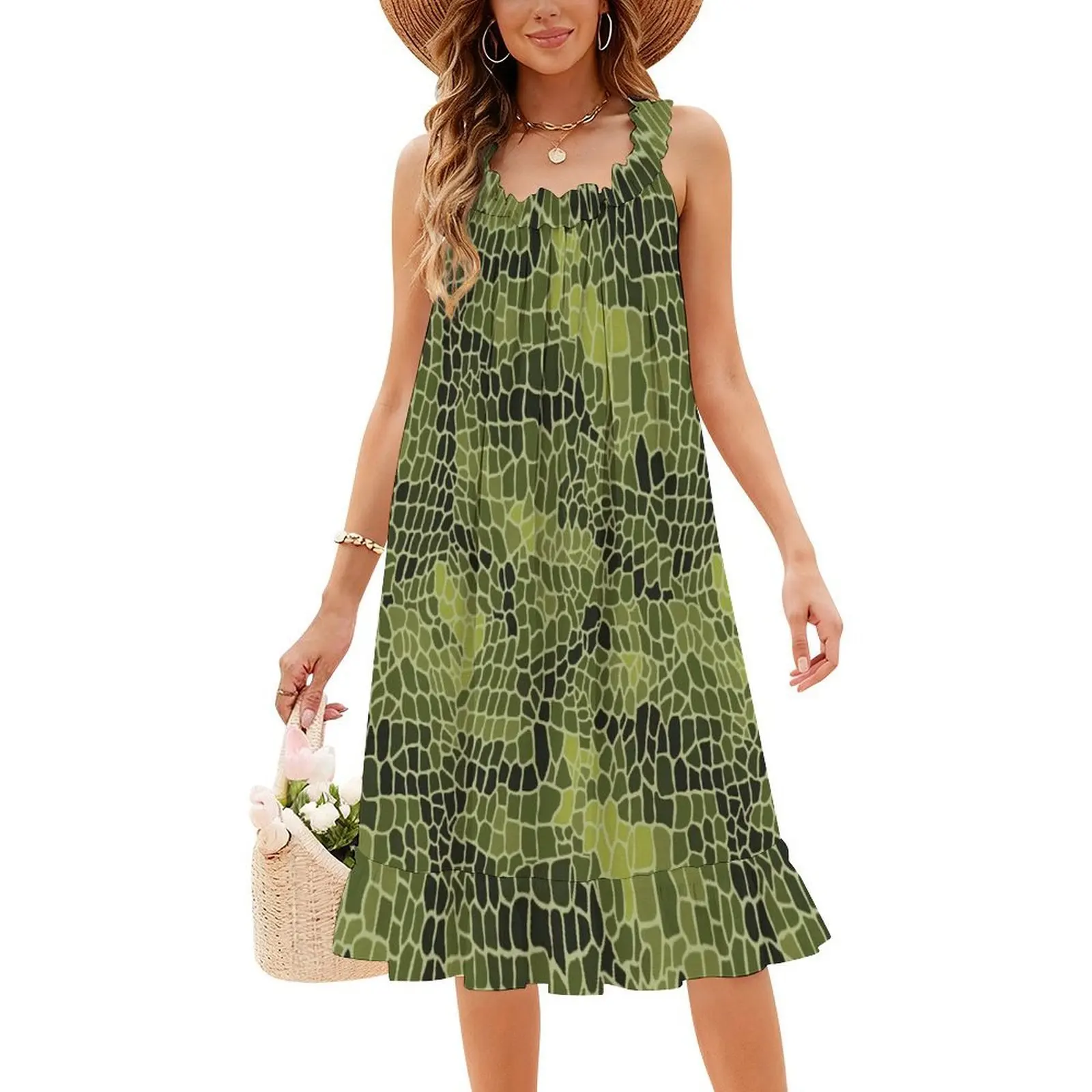 Alligator Scale Pattern Bohemian Sleeveless Dress For Women Print Beach Party Dresses Alligator Crocodile Cute Funny Haunted