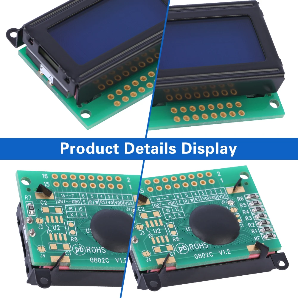 Tela de exibição azul filme branco letras com luz de fundo, personagem Dot Matrix Screen, módulo ultra pequeno, LCM, 02X8, 0802C