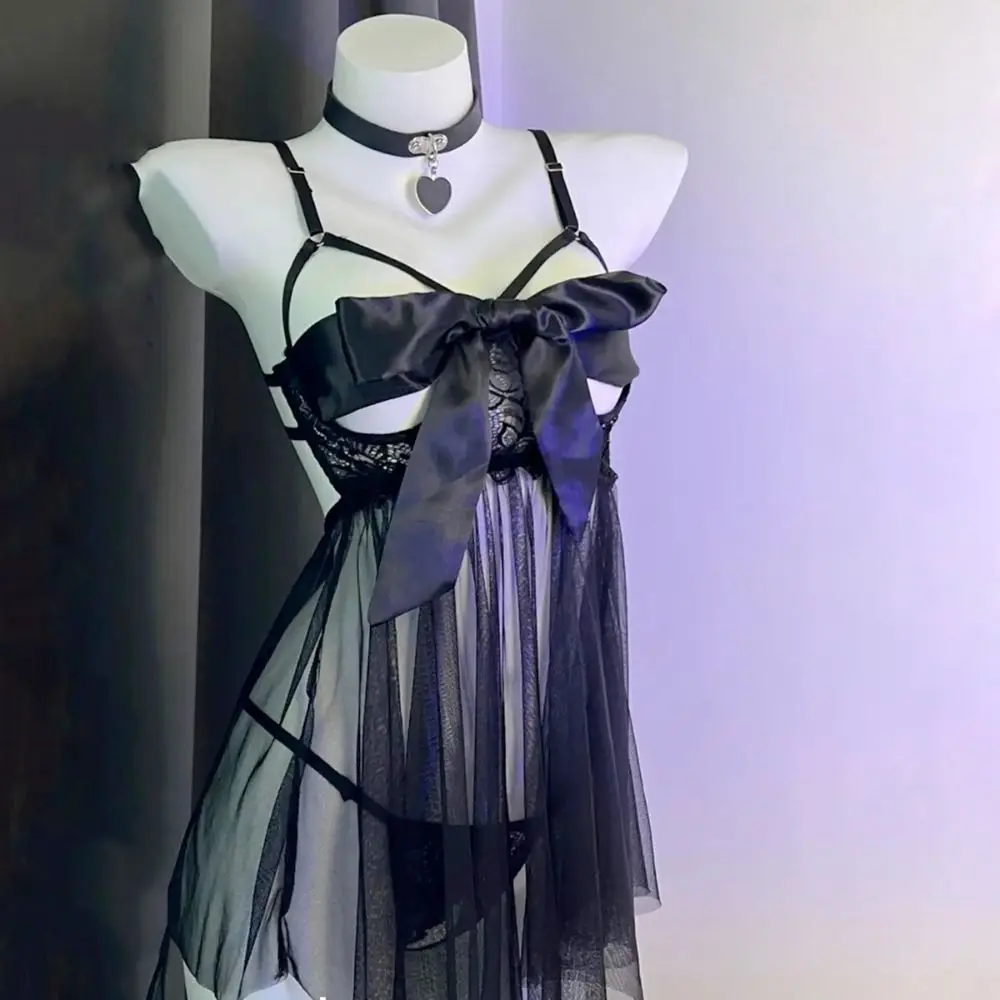 

Пижамы с бантом, кружевная ночная рубашка, полая прозрачная ночная рубашка, милое женское нижнее белье, сетчатая ночная рубашка для девочек