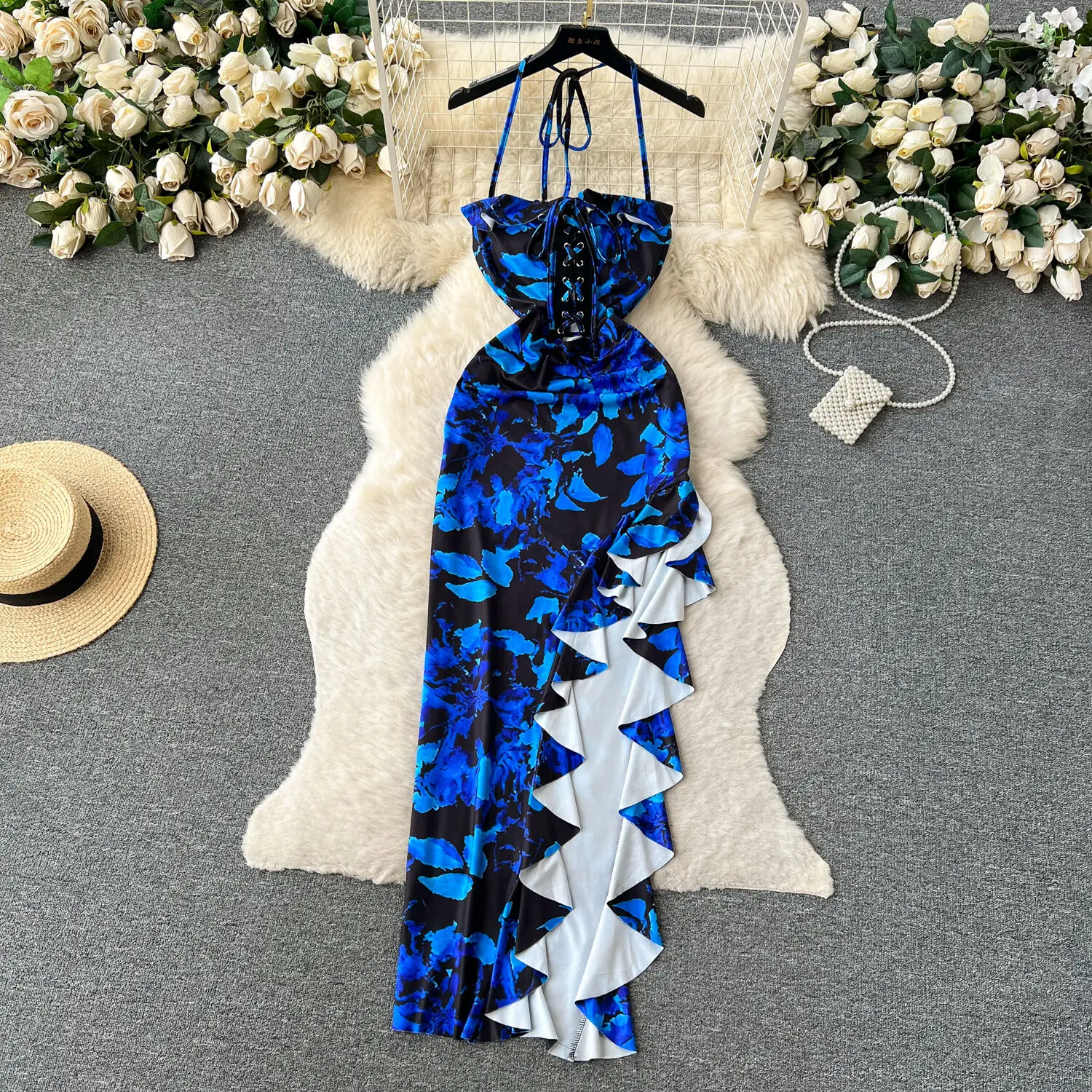 High Split Strap Dress For Women Summer New Niche Sexy Sleeveless Backless Print Sensual Ruffle Edge High Slit Sling Dress