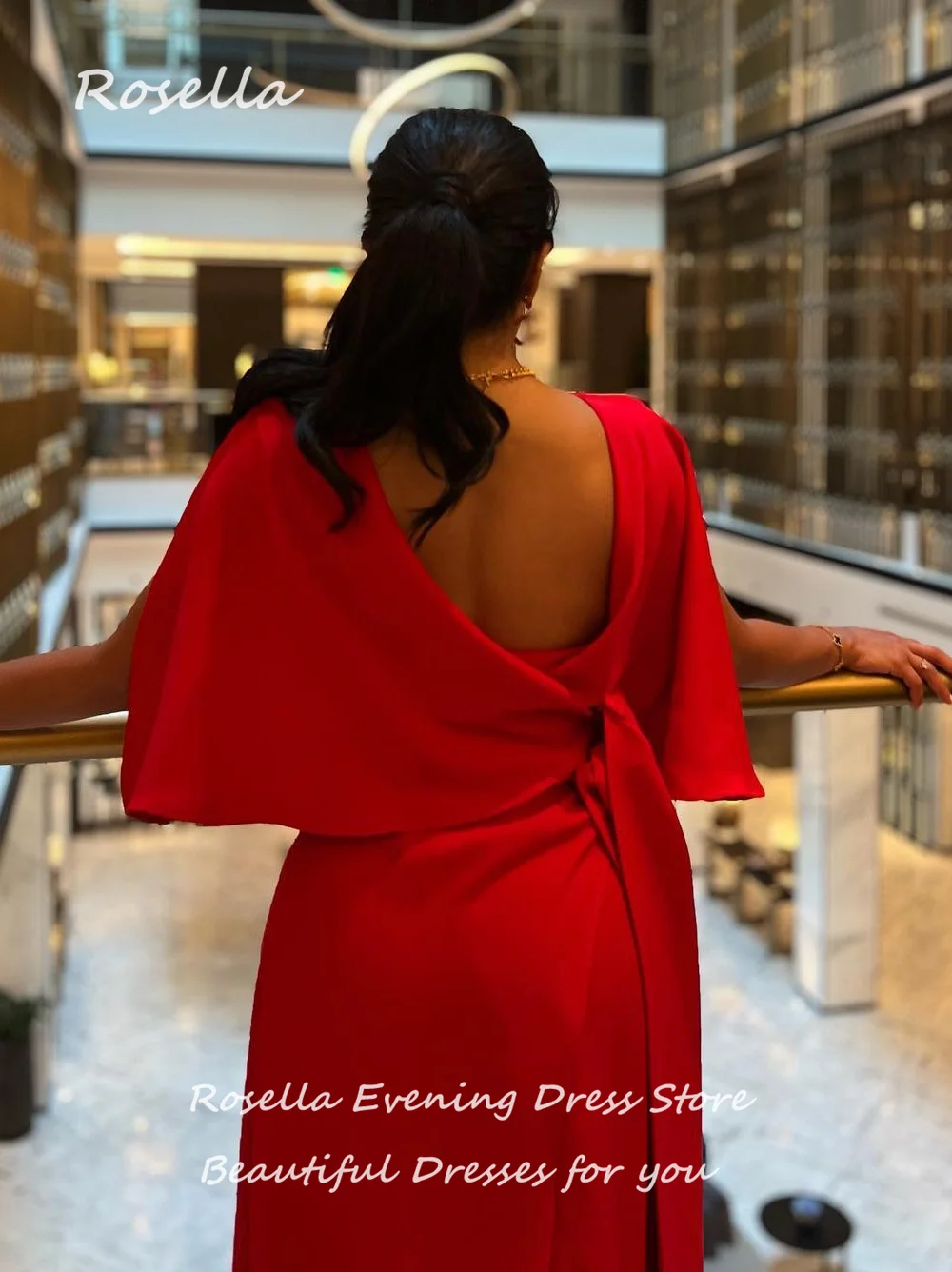 ROSELLA Red O Neck Elegant And Pretty Women's Dresses Cape Sheath Ankle Length Asymmetrical Straight Female Prom Gown New 2023