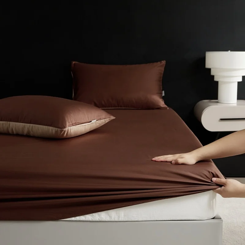 1pc Fitted Sheet Solid Coffee 360 Elastic Band Bed Sheet Soft Breathable Lyocell Hot Sleeper Mattress Cover With Deep Pocket