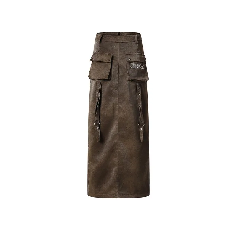 

American Hot Girl Pu Skirt Women Summer Double Pocket High Waist Slim Long Skirt Strap Letter Embroidery Design Female Clothing